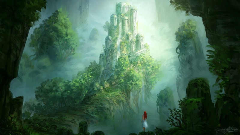 artwork, Fantasy Architecture, white dress, Jorge Jacinto, alone, 1080P, forest, women, digital art, castle, fantasy art, trees, redhead, standing