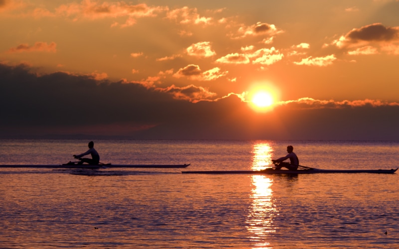 two, nautical Vessel, silhouette, sea, person, Lausanne, water, pentax  K-r, 4K, Sunset, Lake Geneva, people, switzerland, nature, oar, rowing, boat, sport