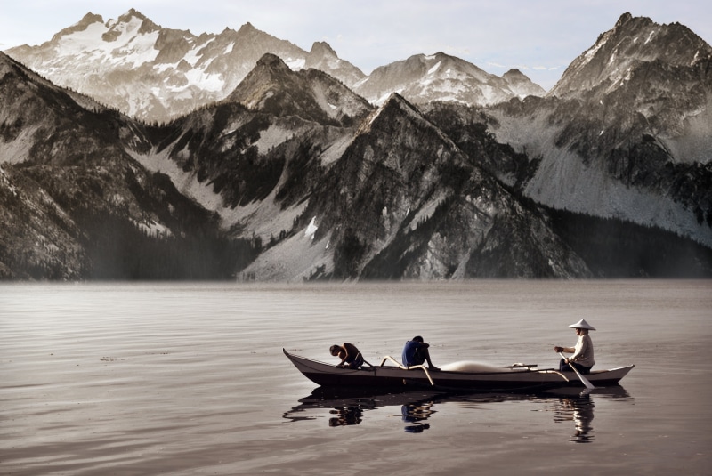 mountain range, two people, beauty in nature, nature, boat, snow, adults only, three, black and white, scenics - nature, transportation, mountains, row
