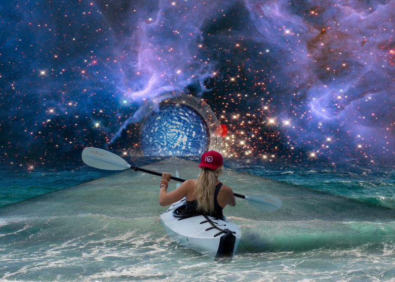 cyber, holding, sice fiction, outdoors, land, creation, soul, god, road, ocean, real people, galaxy, night sky, rear view, hubble weltraumteleskop, futuristic