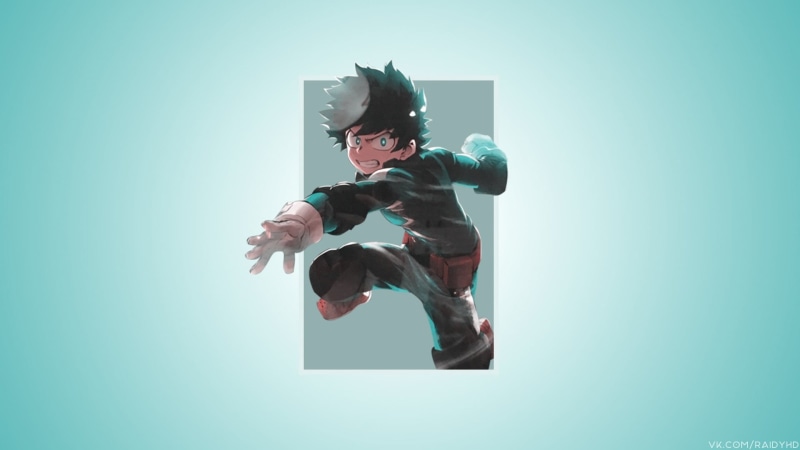 mid-air, vitality, colored background, minimalism, blue, lifestyles, 1080P, men, real people, sport, casual clothing, dress, Izuku Midoriya, anime, full length