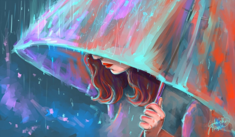 umbrella, rain, 1080P, alone, sad, art, girl