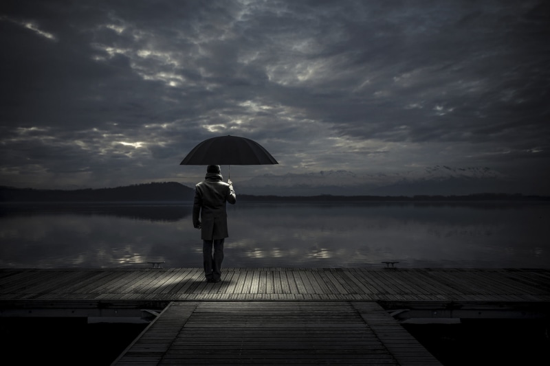 protection, alone, sky, security, real people, standing, rain, rear view, 1080P, beauty in nature, lifestyles, full length, cloud - sky, umbrella, love