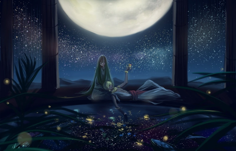 space, Fate Series, night, glass, transparent, glass - material, Moon, lying, beauty in nature, indoors, stars, digital composite, Gilgamesh, woman, astronomy