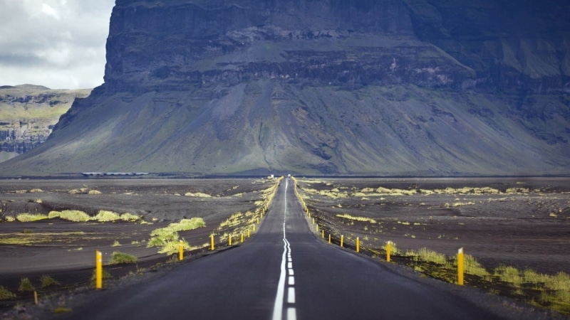 land, 1080P, direction, nature, landscape, mountains, tranquility, cloud - sky, no people, yellow, transportation, Iceland, mountain range, outdoors, gray