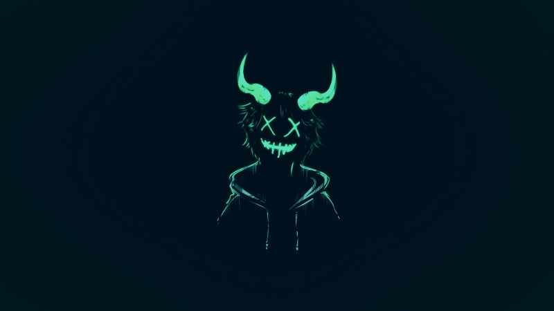 smile, anime man, demon, sweater, neon green, edit, 1080P, smiling, horns, closed eyes, Photoshop, dark, Alone in the Dark, neon, Crazy Face, minimalism