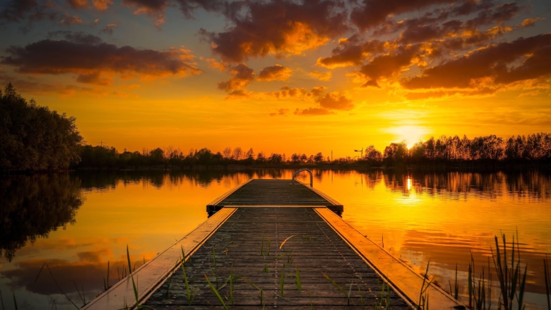 sunset, afterglow, horizon, cloud, sky, 4K, dusk, evening, nature, dock, waterway, lake, water, red sky, pier, reflection
