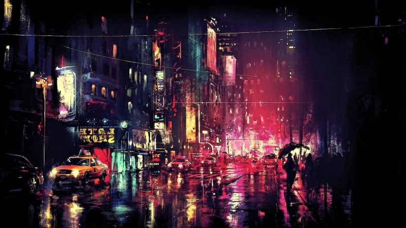 outdoors, sign, people, photography, real people, illuminated, walking, cityscape, city Life, mode of transportation, fan art, multi Colored, abstract