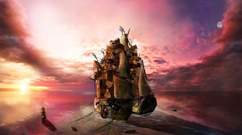 ships, body, dramatic sky, Illustration, ship, Home, religion, onthesea, adobecs, House, architecture, reflection, Sunset, belief, Life, no people, Dusk