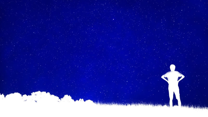 low angle view, nature, one person, clear sky, land, star - space, cosmos, winter, 5K, space, dark, scenics - nature, snowing, mood, starry sky, snow