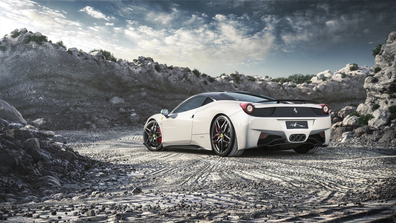 sports car, transportation, outdoors, speed, luxury, travel, Ferrari, road, car, environment, sunlight, motor vehicle, excitement, mountain, no people