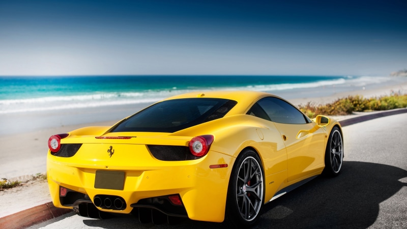 no people, taxi, motor vehicle, 4K, retro styled, horizon, coupe, beach, Ferrari, land, mode of transportation, sky, land vehicle, outdoors, Ferrari 458
