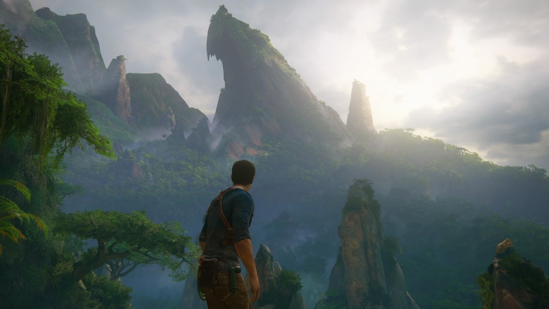 cliff, fog, scenics - nature, tree, rear view, tranquility, uncharted , video games, 4K, beauty in nature, Uncharted 4: A Thiefs End, man, one person
