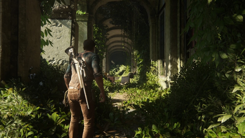 framed, sunlight, Uncharted 4: A Thiefs End, real people, casual clothing, one person, day, walking, standing, wooden, leisure activity, brown, leaf, PlayStation 4