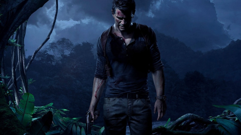 front view, mid adult, casual clothing, one person, 1080P, land, young adult, plant, Nathan Drake, Uncharted 4: A Thiefs End, outdoors, sky, night, looking