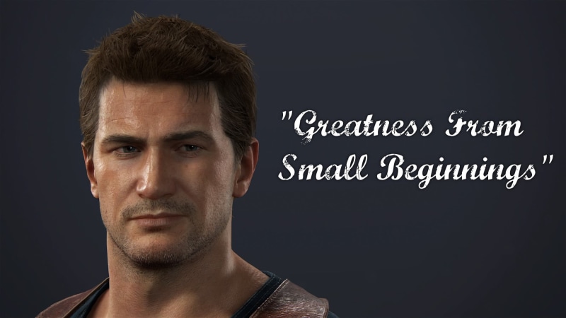 uncharted , copy space, adult, men, close-up, Nate, serious, front view, text, black, indoors, headshot, looking at camera, tops, black background, body part