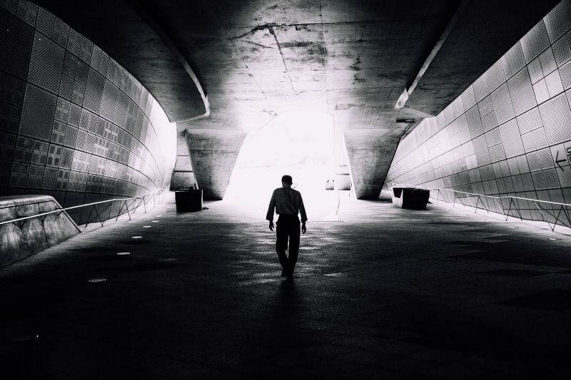 silhouette, the way forward, full length, one person, structure, adult, indoors, subway, built structure, architecture, untitled, black and white, rear view
