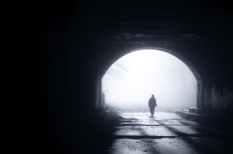 Into the Light, mystery, outdoors, solitude, silhouette, direction, daytime, light at the End of the Tunnel, copy space, walking, loneliness, person, shadow