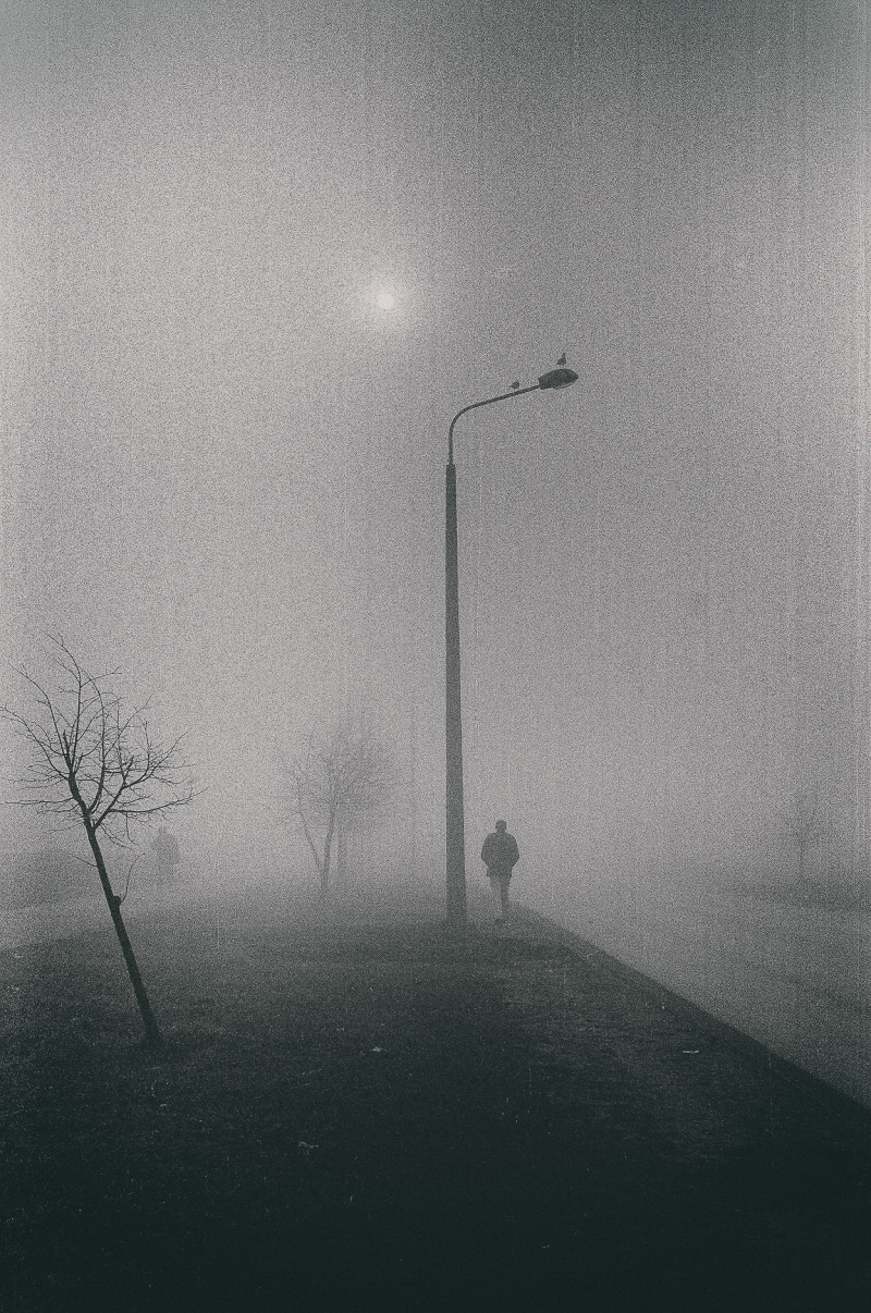street light, winter, black, dusk, day, person, landscape, cold temperature, fall, old, white, field, silhouettes, cold, contrast, sorrow, imagination