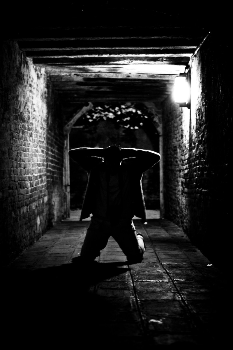 black And White, standing, shadow, underground, men, obscured face, man, night, male, casual clothing, black, victim, architecture, footpath, kneeling