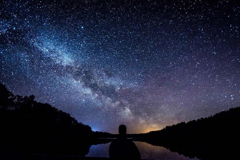 landscape, person, star, standing, star field, astronomy, one person, space, alone, silhouette, constellation, forest, milky way, beauty in nature, body