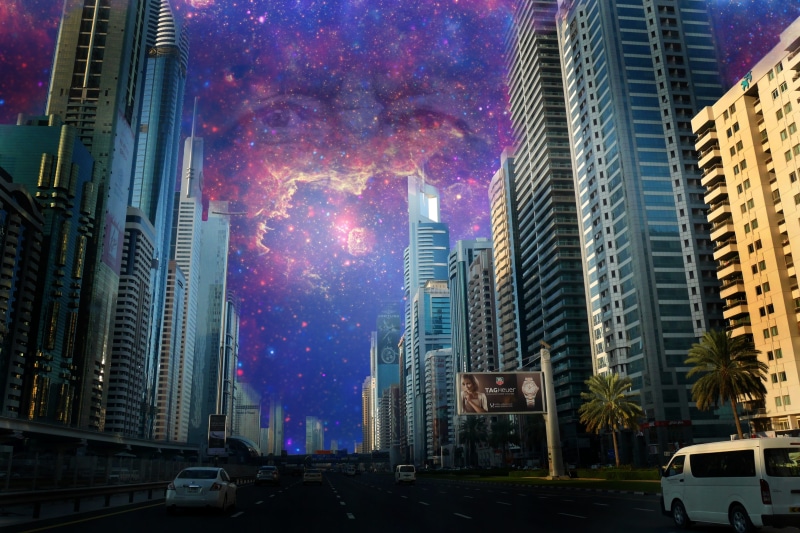 universe, bangkok, big city, divinity, kosmus, space, the eyes of god, milky way, built structure, road, financial district, fog, modern, tower, night sky
