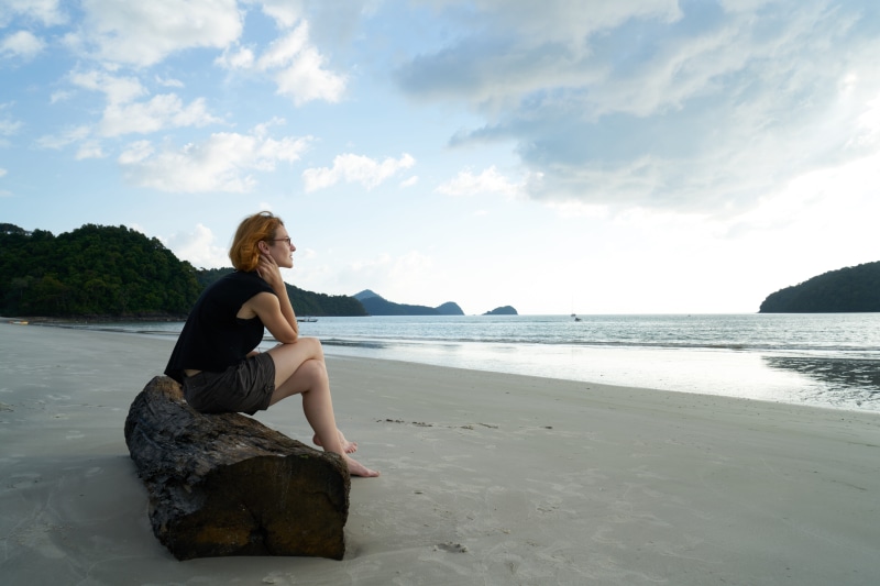 daytime, one person, marine, nature, wearing, tired, wood, seating, looking at view, model, portrait, one woman only, black, brown, body, young adult, full length