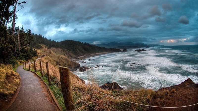 calm, power in nature, travel destinations, wave, bay, shore, cloud - sky, coastline, oregon, coast, path, 1080P, motion, lovely, ecola state park, beach