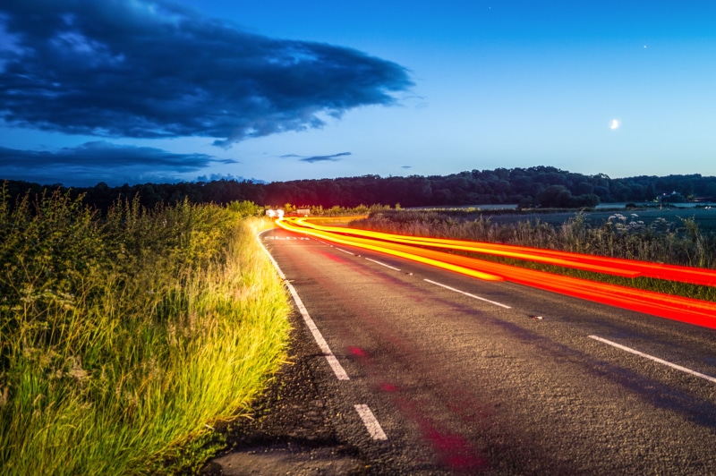 green  grass, surrounded, Warp Speed, countryside, shadows, sky, star, dusk, cloud, road, highway, traffic, golden  hour, car, corner, twilight, trail
