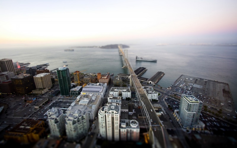 office building exterior, rise, downtown District, harbor, skyscraper, tall - high, blurred, no People, bridge, travel, sunset, business, building Exterior