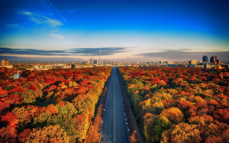 road, 2K, highway, city, autumn, cityscape, trees, aerial, direction, grey, sky, urban, scenics - nature, tranquil scene, Germany, beauty in nature, built structure