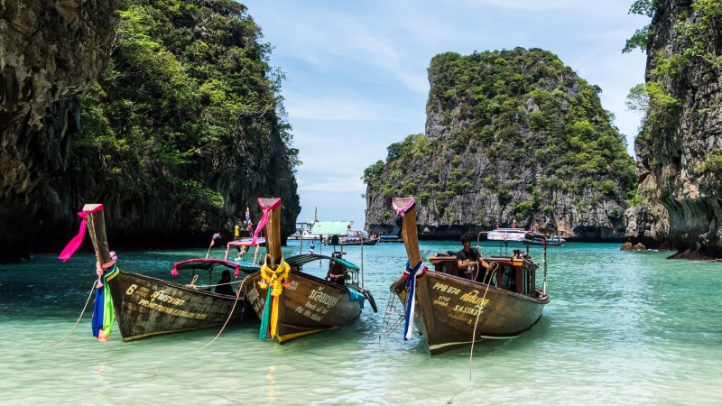 water transportation, thailand, boating, tropics, phi phi, 5K, tourism, nature, phuket, asia, lagoon, boat, coast, sea, bay, phi phi islands, ocean, body of water