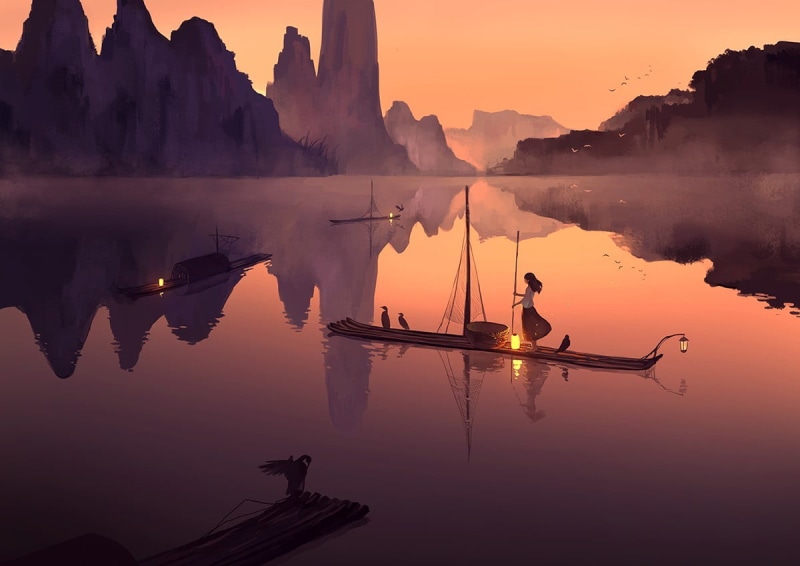 idyllic, scenics - nature, men, sunset, beauty in nature, one person, occupation, orange color, digital art, outdoors, illustration, nature, water, tranquil scene