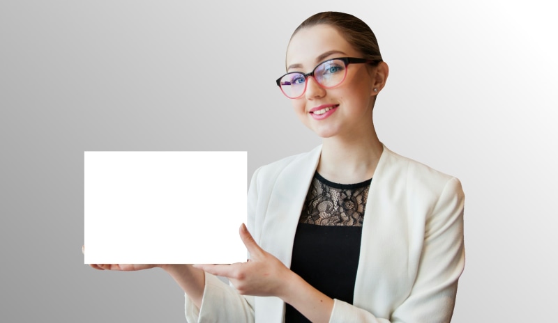 young adult, space, beautiful woman, white, card, board, isolated, businesswoman, happiness, cut out, eyeglasses, advertising, business, positive emotion