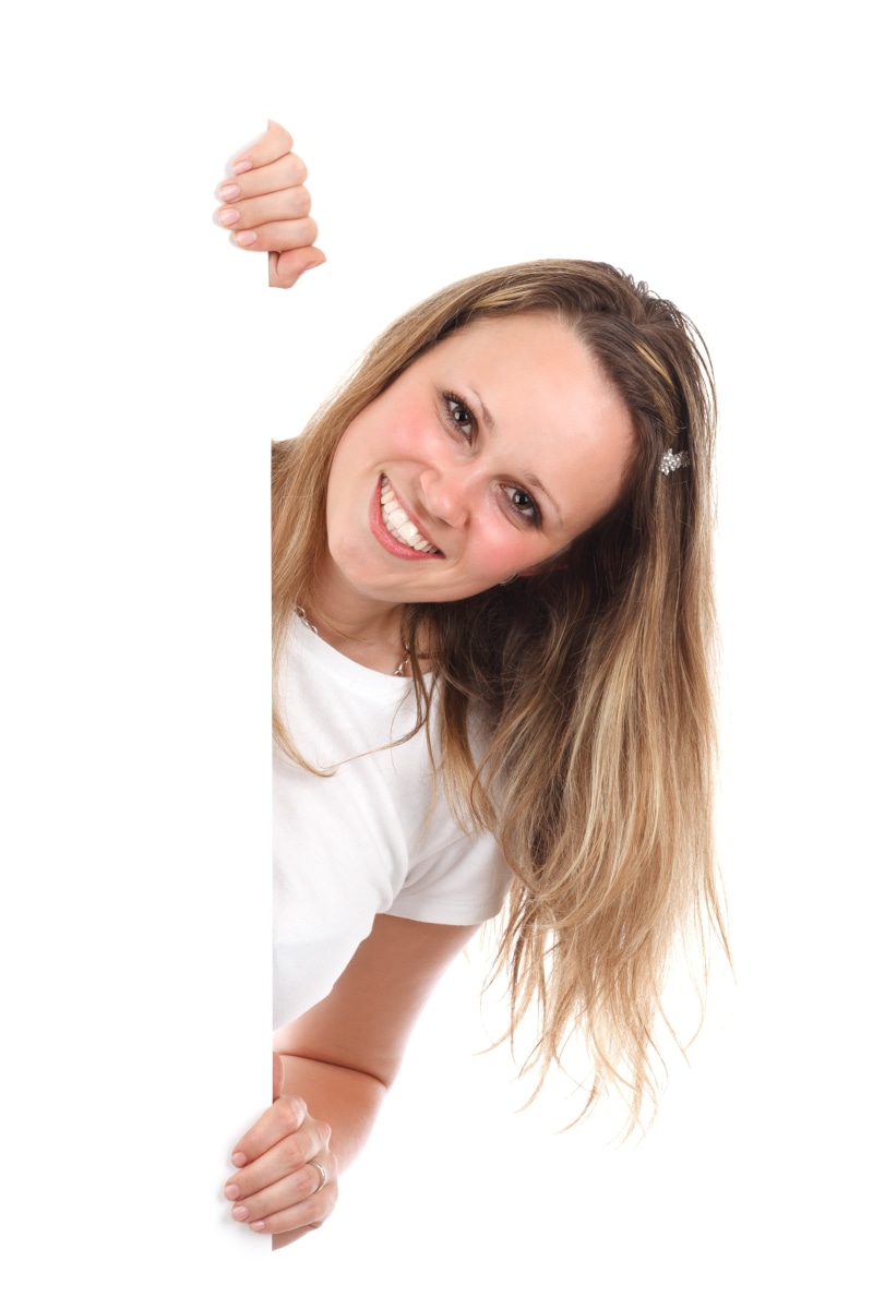 copy Space, cut Out, teeth, white, female, holding, card, advertising, studio Shot, hairstyle, advertisement, girl, wearing, positive emotion, one Woman Only