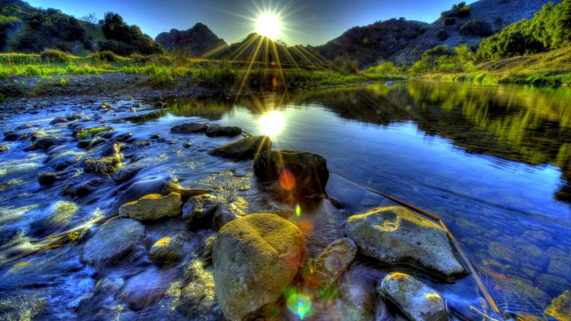 sunset, background, hdr, 2K, stones, river