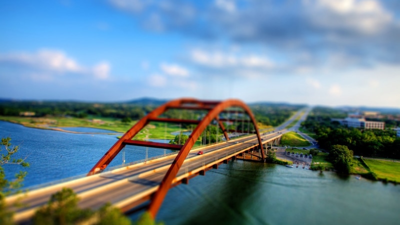 built structure, travel, 1080P, reflection, body, bridge - Man Made Structure, road, miniature, tilt shift, outdoors, lake, minimalism, no people, Austin (Texas)