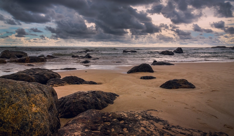 rocks, rock - Object, coastline, sky, wave, Bentota, sea, daytime, seashore, water, landscape, walk, blue, ocean, World, evening  morning, sand, nature