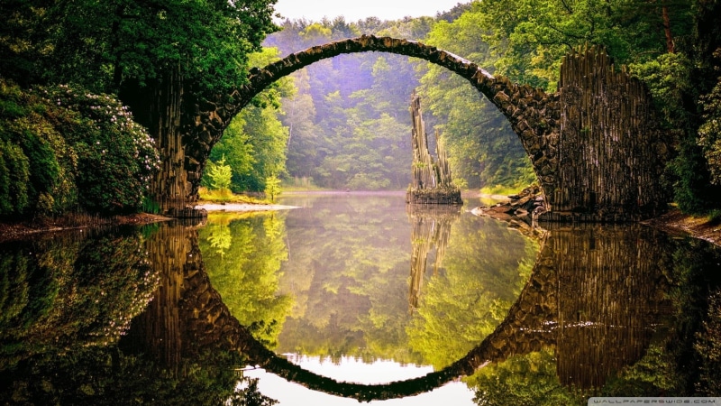 lake, arch, brown, green, no people, arch bridge, scenics - nature, tranquil scene, symmetry, architecture, idyllic, tree, plant, beauty in nature, landscape