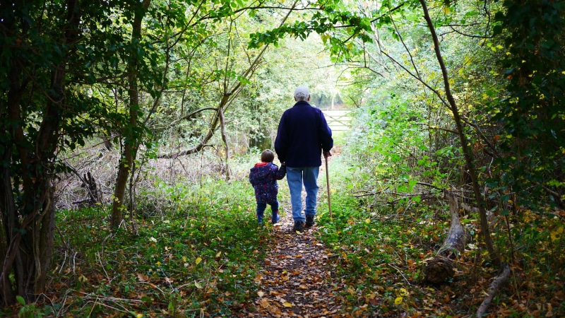 grandparents, 4K, plant, full length, lifestyles, two people, leisure activity, man, daughter, woods, outdoors, togetherness, dirty, walking, grandson