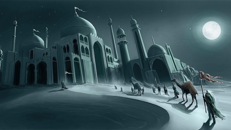 ancient, camels, city, walking, art, people, caravan, building, 1080P, towards, full moon, night