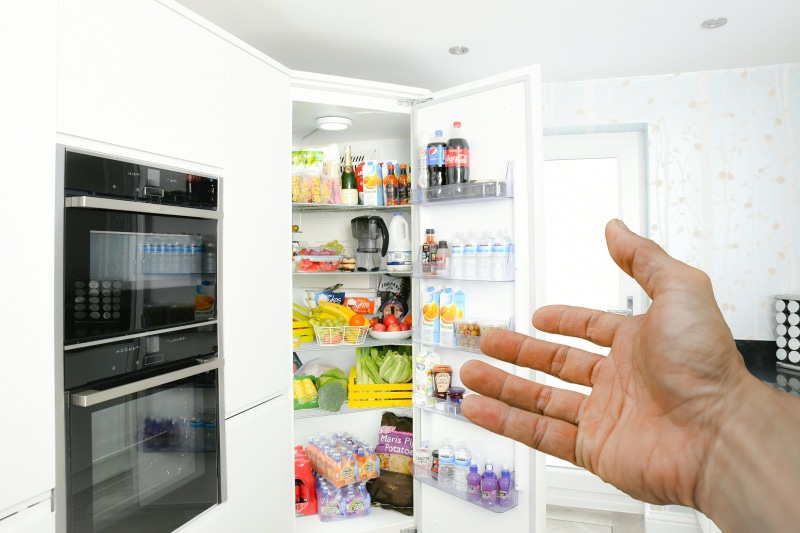 shelf, household equipment, choice, open, chilled, photo, human body part, hand, illustration, pointing, human hand, choosing, container, door, indoors
