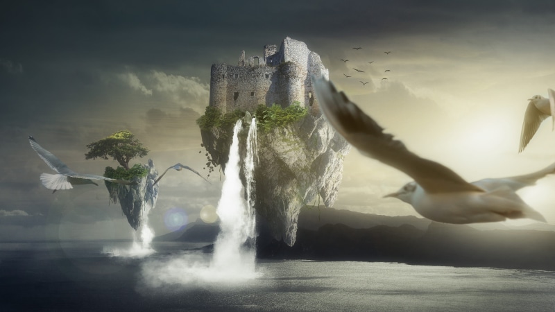 outdoors, waterfall, animal, nature, castle, island, fantasy, ocean, fog, travel, fly, floating, sky, built structure, flying, history, sunset