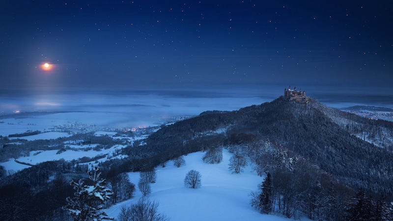 nature, snowcapped mountain, castle, Moon, beauty in nature, snow, sky, science, outdoors, valley, black, illuminated, space and astronomy, scenics - nature