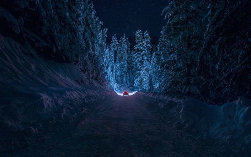 snow, road, nature, ice, tranquility, cold temperature, outdoors, car, leisure activity, winter, cold - Temperature, one person, light - Natural Phenomenon
