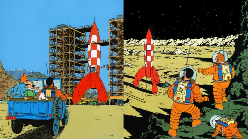 child, transportation, rocket, boys, Tintin, mode of transportation, sky, males, nature, built structure, drawing, red, architecture, building exterior