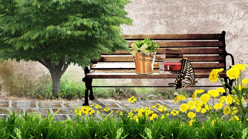 place, plants relax, 3d and, bench, tree, books, spring, rest, sidewalk, read, butterfly, building, flowers, 1080P, summer