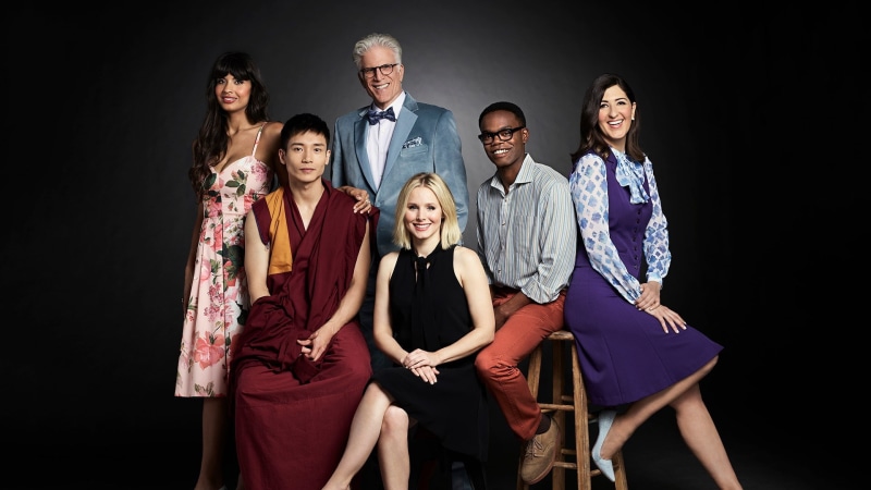 mature men, group of people, indoors, young adult, females, mature adult, three quarter length, people, adult, black background, the good place, men, young women