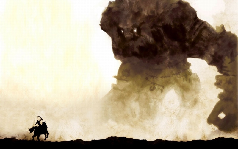 art, Colossal Titan, silhouette, one animal, horse, giant, dog, outdoors, mammal, canine, nature, domestic, land, digital, Shadow of the Colossus, people