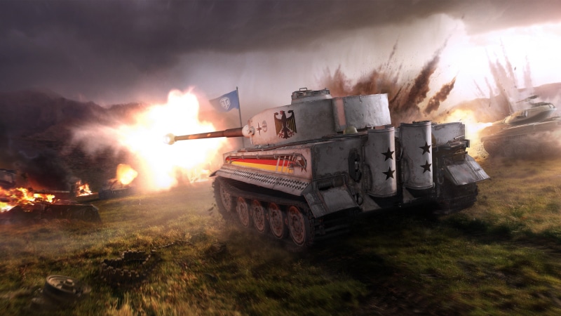 Smoke, Camouflage, Fire, T49, World of Tanks: Xbox 360, Flame, Tiger I, The sky, Mountains, WoT, Fog, The explosion, World of Tanks: Xbox One, Light, 2K